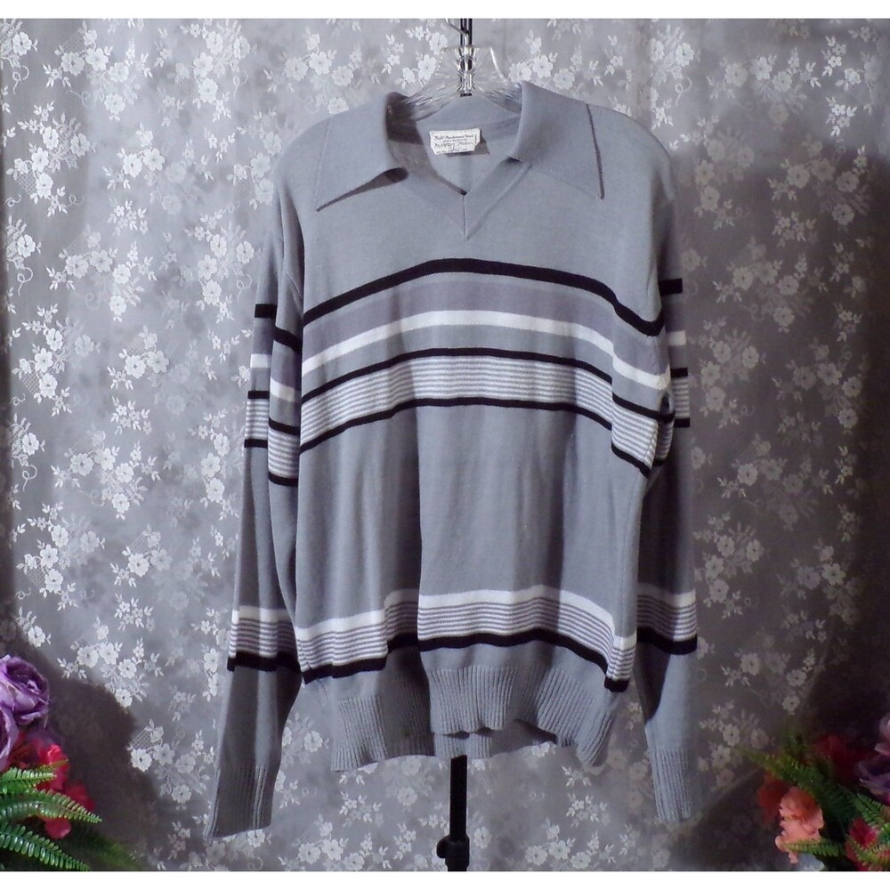 Vintage 70s Stripe Knit Shirt Mens Size Large 1970s Retro Monochrome Groovy Hip